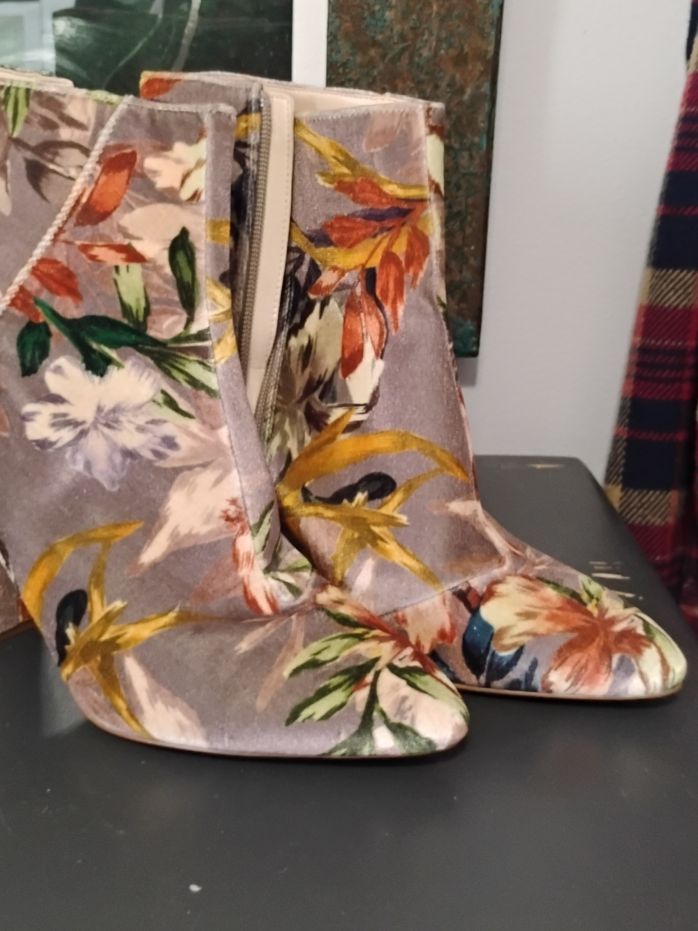 Nine West Floral Velvet Ankle Boots - Gray Multicolor